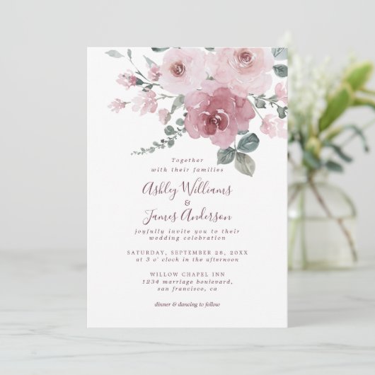 Floral Dusty Pink Rose Bourgundy Weddenschap Kaart (Staand voorkant)