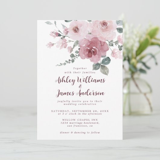 Floral Dusty Pink Rose Bourgundy Weddenschap Kaart (Staand voorkant)