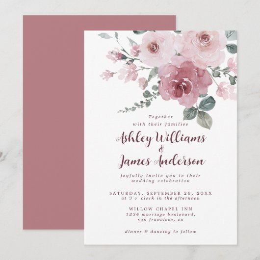 Floral Dusty Pink Rose Bourgundy Weddenschap Kaart (Voorkant / Achterkant)