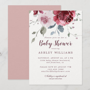  Floral Dusty Pink Rose Burgundy Baby shower Kaart