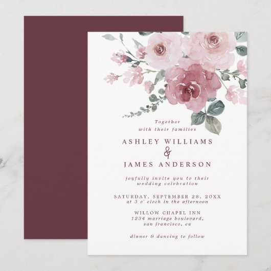 Floral Dusty Pink Rose Burgundy Wedding Kaart (Voorkant / Achterkant)