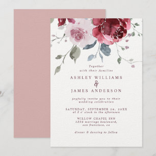 Floral Dusty Pink Rose Burgundy Wedding Kaart