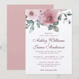 Floral Dusty Pink Rose Burgundy Wedding Kaart