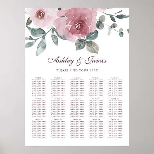 Floral Dusty Pink Rose Wedding Sezing Chart Poster (Voorkant)