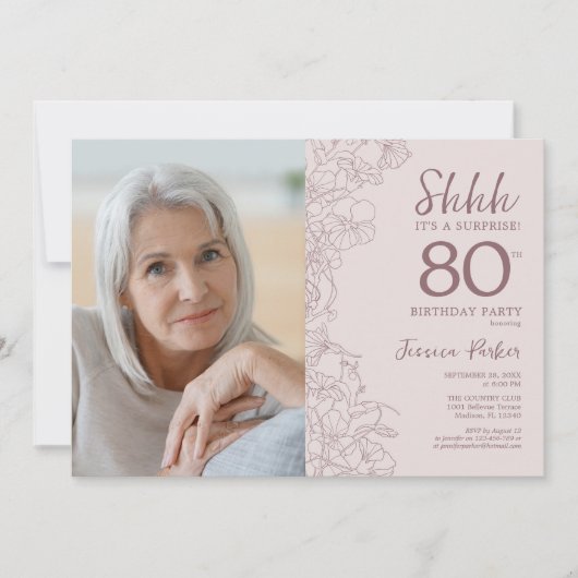 Floral Dusty Pink Surprise Foto 80e verjaardag Kaart (Voorkant)