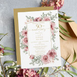 Floral Dusty Roos 50th Golden Wedding Jubileum Kaart<br><div class="desc">Een elegante 50e gouden trouwdag-uitnodiging met  rozen floralen en elegante goudtypografie met een gouden achtergrond aan de achterkant. Ontworpen door: Thisnotme©</div>