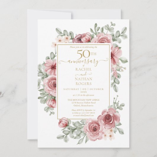 Floral Dusty Roos 50th Golden Wedding Jubileum Kaart (Voorkant)