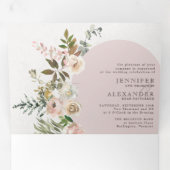 Floral Dusty Roos All in One Wedding Tri Fold Drieluik Uitnodiging (Binnenzijde eerst)