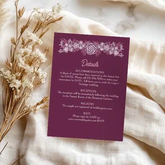 Floral Dusty Roos Blush Bourgogne Wedding Details Informatiekaartje