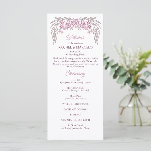 Floral Dusty Roos Blush Bourgogne Wedding Program (Staand voorkant)