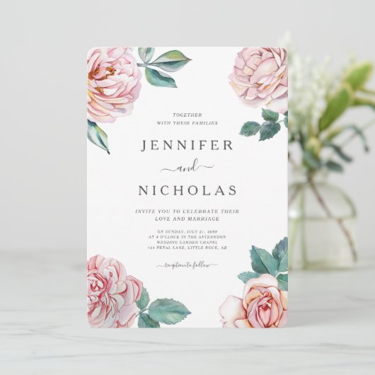 Floral Dusty Roos Blush Pink Peonies Wedding Kaart (Staand voorkant)