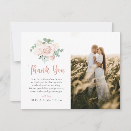 Floral Dusty Roos Eucalyptus Elegant Photo Wedding Bedankkaart (Voorkant)