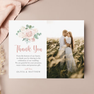 Floral Dusty Roos Eucalyptus Elegant Photo Wedding Bedankkaart