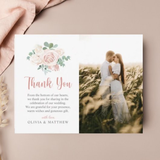 Floral Dusty Roos Eucalyptus Elegant Photo Wedding Bedankkaart
