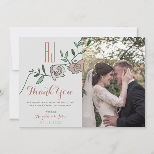 Floral Dusty Roos Fotobruiloft Bedankkaart (Voorkant)
