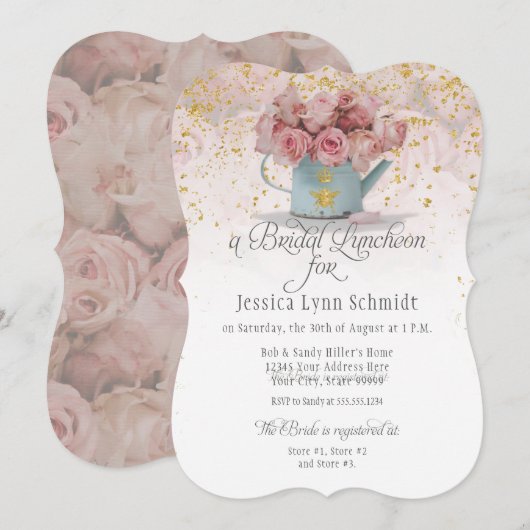 Floral Dusty Roos Gold Elegant Bridal Luncheon Kaart (Voorkant / Achterkant)