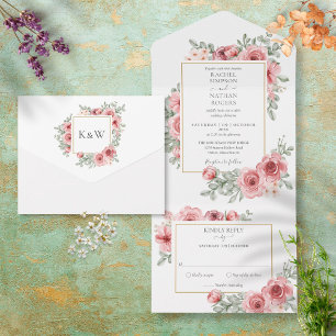 Floral Dusty Roos Gold Geometric Wedding All In One Uitnodiging