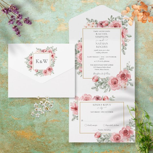 Floral Dusty Roos Gold Geometric Wedding All In One Uitnodiging