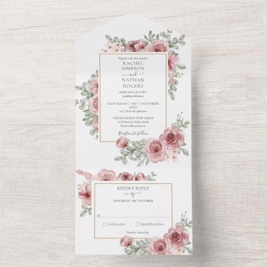Floral Dusty Roos Gold Geometric Wedding All In One Uitnodiging (Binnen)