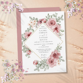 Floral Dusty Roos Gold Geometric Wedding Kaart