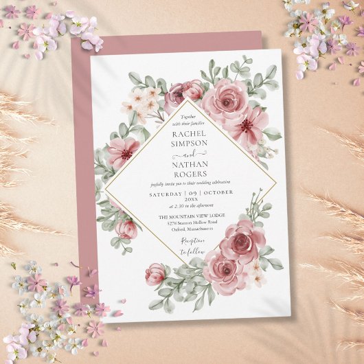 Floral Dusty Roos Gold Geometric Wedding Kaart