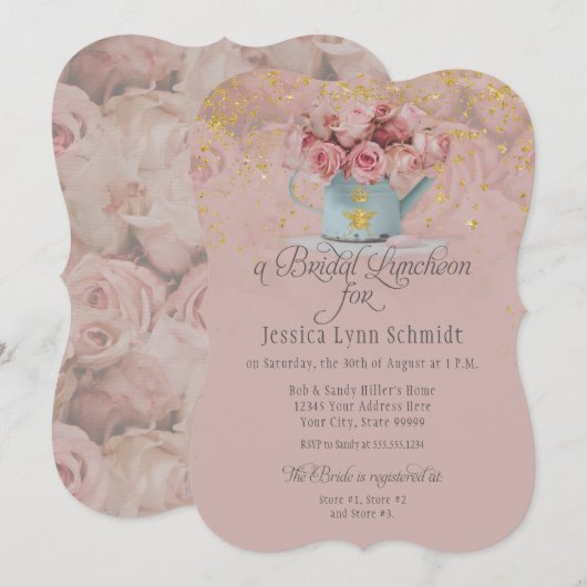 Floral Dusty Roos Gold Glitter Bridal Luncheon Kaart (Voorkant / Achterkant)