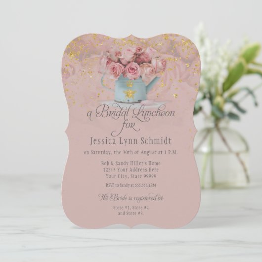 Floral Dusty Roos Gold Glitter Bridal Luncheon Kaart (Staand voorkant)