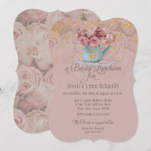 Floral Dusty Roos Gold Glitter Bridal Luncheon Kaart