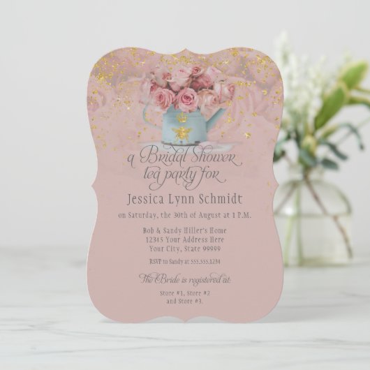 Floral Dusty Roos Gold Glitter Vrijgezellenfeest T Kaart (Staand voorkant)