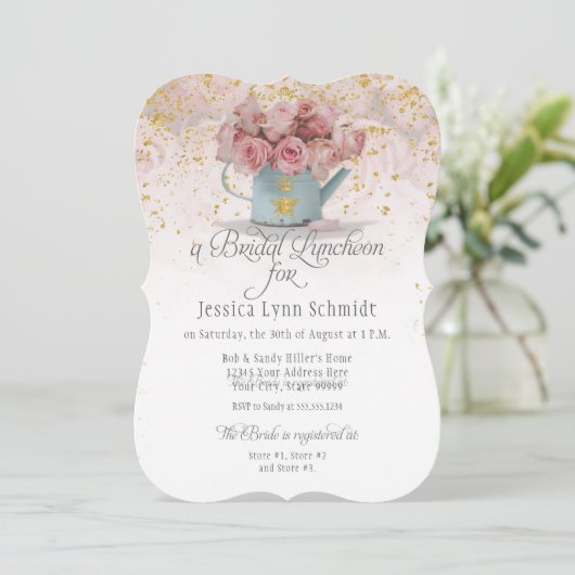 Floral Dusty Roos Gold in White Bridal Luncheon Kaart (Staand voorkant)