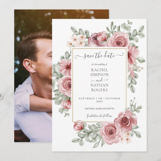 Floral Dusty Roos Gold Wedding Foto Save The Date (Voorkant / Achterkant)