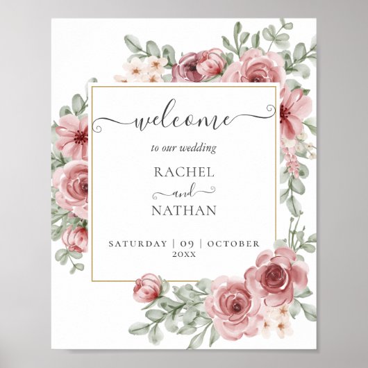 Floral Dusty Roos Gold Wedding Welkom Poster (Voorkant)