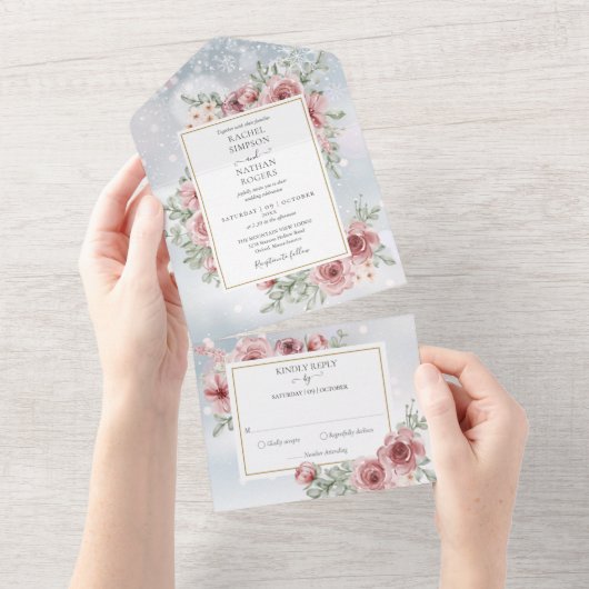 Floral Dusty Roos Goud Geometrische Winter Bruilof All In One Uitnodiging (Afscheurbaar)