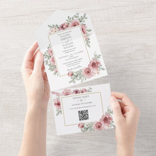 Floral Dusty Roos QR Code Bruiloft All In One Uitnodiging (Afscheurbaar)