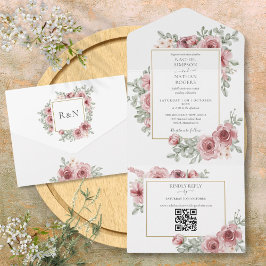 Floral Dusty Roos QR Code Bruiloft All In One Uitnodiging