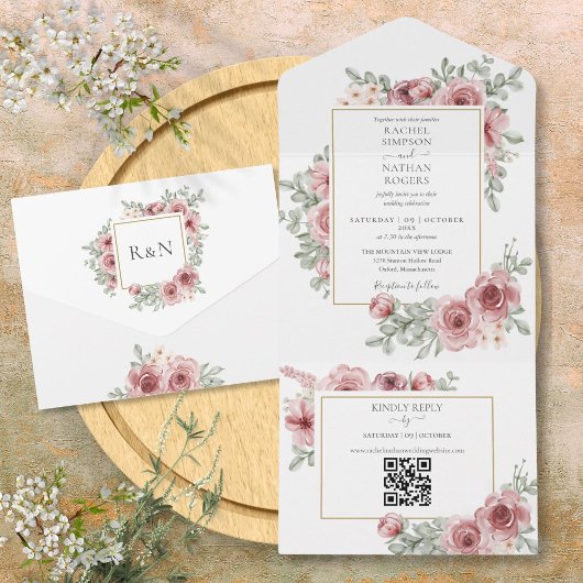 Floral Dusty Roos QR Code Bruiloft All In One Uitnodiging