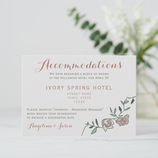 Floral Dusty Roos Wedding Accommodation Kaart (Staand voorkant)