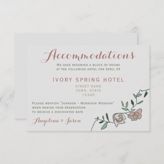 Floral Dusty Roos Wedding Accommodation Kaart (Voorkant / Achterkant)