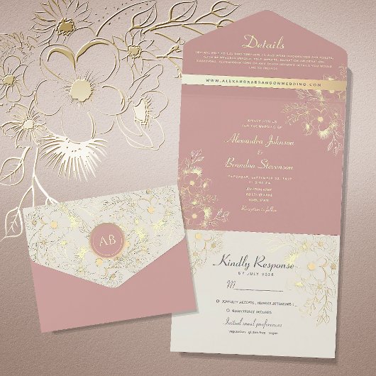 Floral Dusty Roos Wedding All In One Uitnodiging