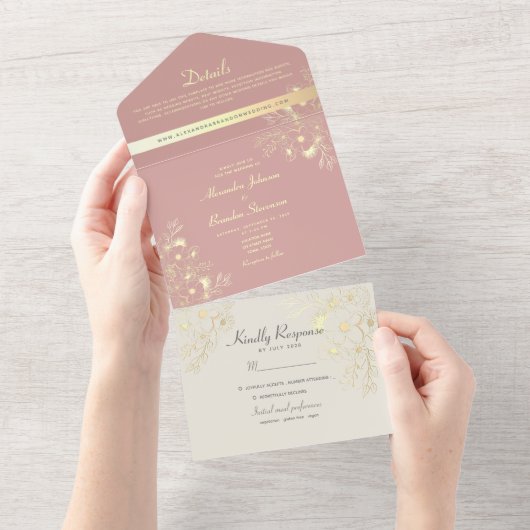 Floral Dusty Roos Wedding All In One Uitnodiging (Afscheurbaar)