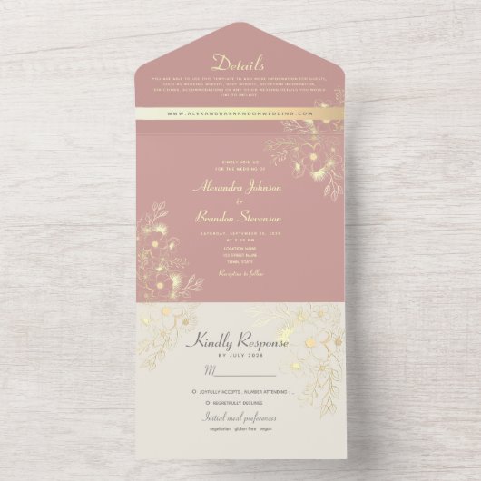 Floral Dusty Roos Wedding All In One Uitnodiging (Binnen)