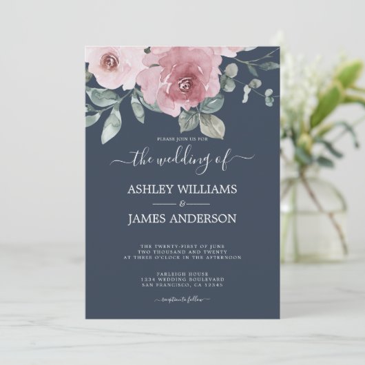 Floral Dusty Roze Roze Donkerblauwe bruiloft Kaart (Staand voorkant)