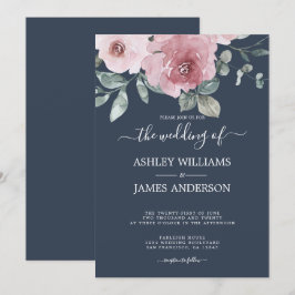 Floral Dusty Roze Roze Donkerblauwe bruiloft Kaart