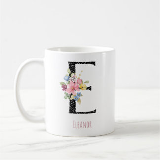 Floral E Monogram Name Black Polka Dot Coffee Mug Koffiemok