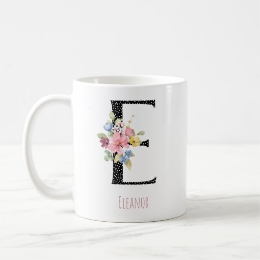 Floral E Monogram Name Black Polka Dot Coffee Mug Koffiemok (Links)