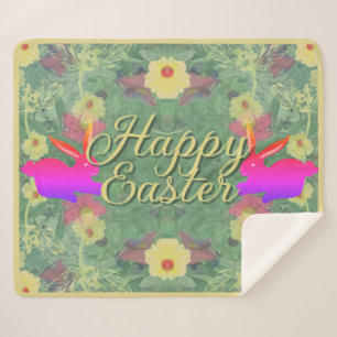 Floral Easter Bunnies w/Text Sherpa Deken
