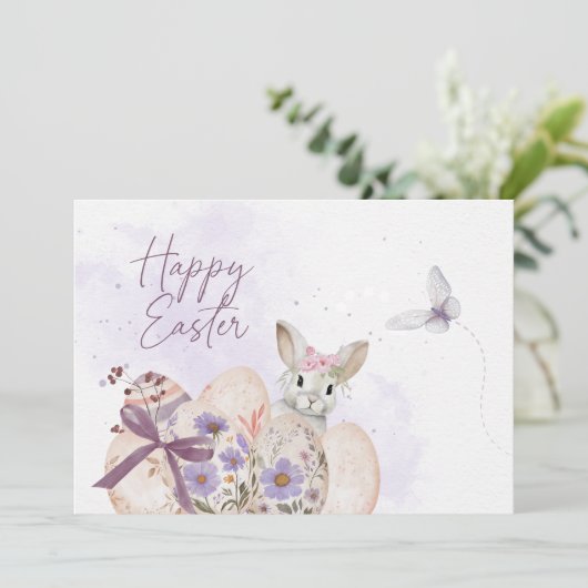 Floral Easter Eggs & Easter Bunny Card Kaart (Staand voorkant)