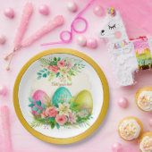 Floral Easter Eggs & Pink Roses Personalized Party Papieren Bordje (Feest)