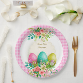 Floral Easter Eggs & Watercolor Pink Roses Papieren Bordje
