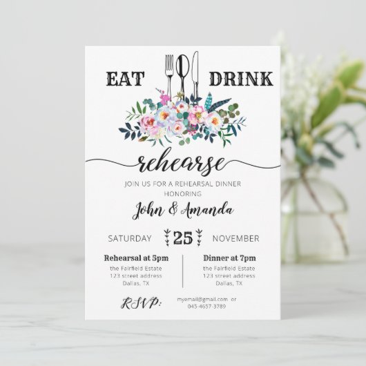 Floral Eat & Drink Rehearsal Dinner Invitation Kaart (Staand voorkant)
